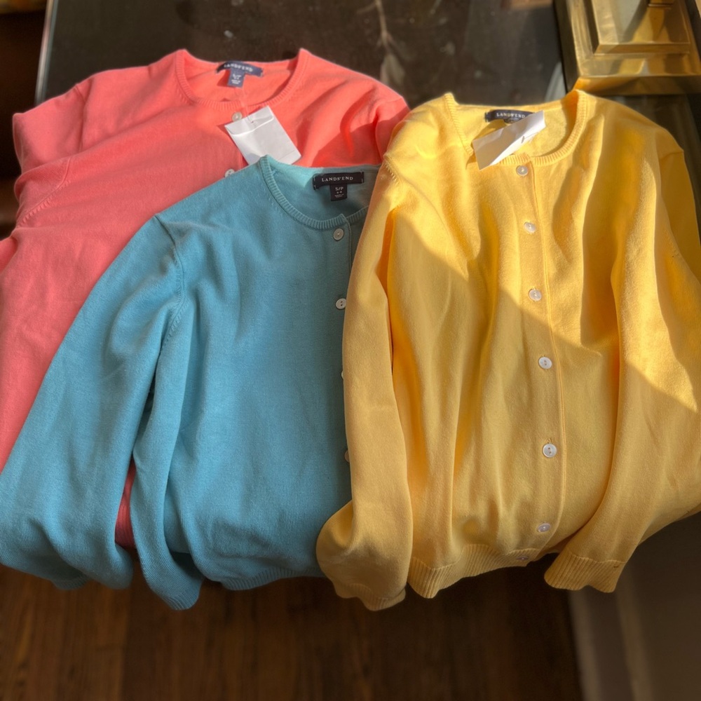 Lands' End Casual Cardigan Bundle in Coral, Aqua, and Yellow